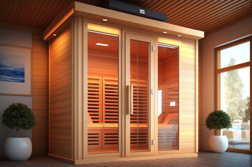 Infrared sauna with wooden interior and potted plant
