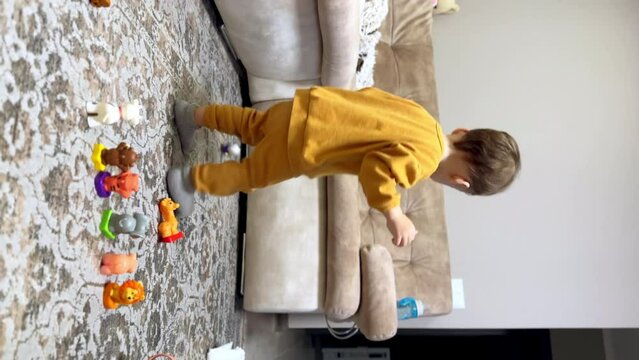 Pretty Caucasian baby boy in yellow suit put toy animals on the floor. Kid chooses a toy to play with. Vertical view.
