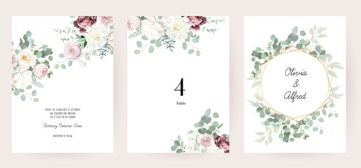 Silver sage green and blush pink flowers vector design frames. Dusty rose, white carnation, mauve rose, ranunculus - obrazy, fototapety, plakaty