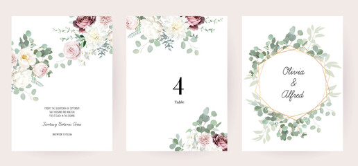 Silver sage green and blush pink flowers vector design frames. Dusty rose, white carnation, mauve rose, ranunculus © lavendertime
