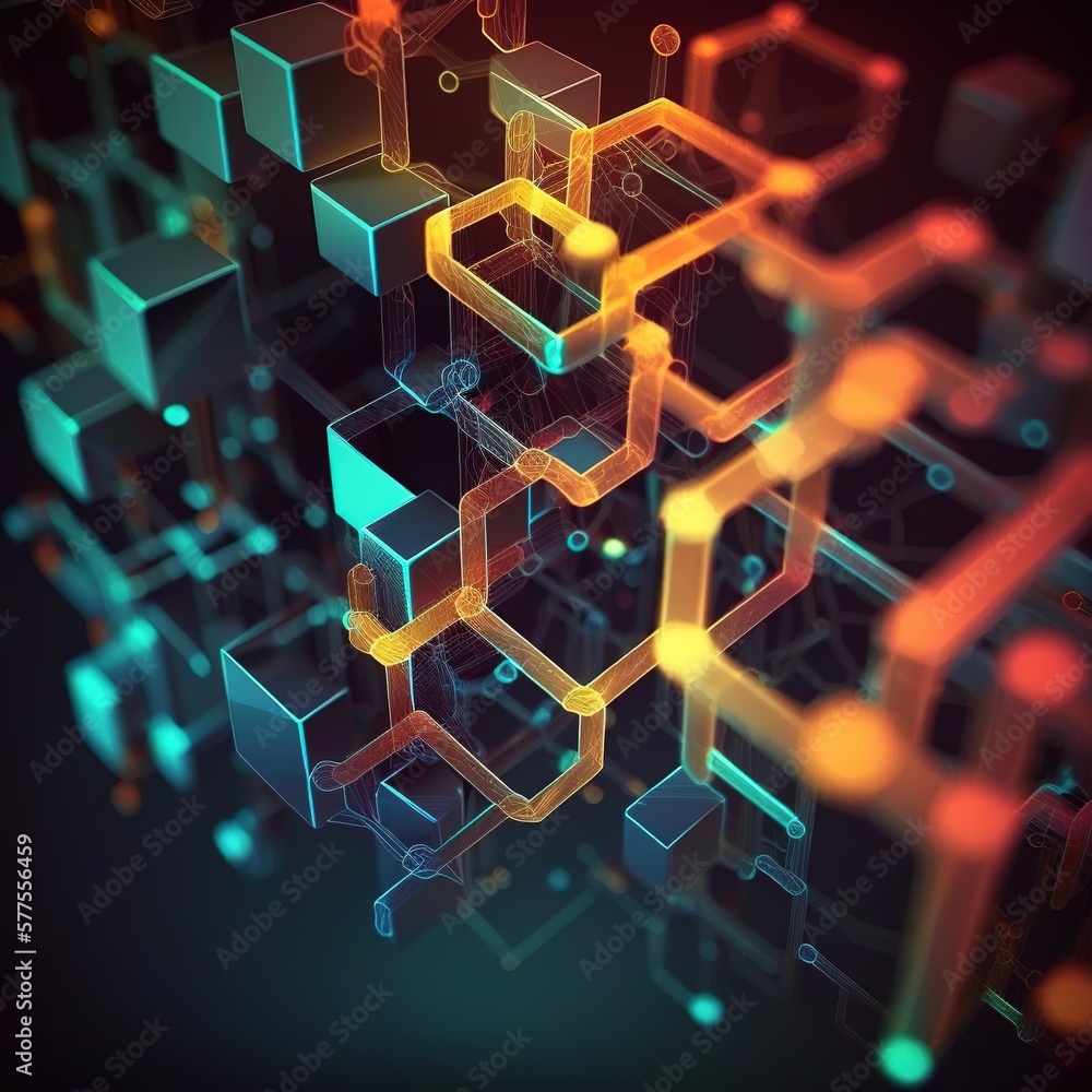 Poster blockchain technology concept with diagram of chain and encrypted blocks, generative ai