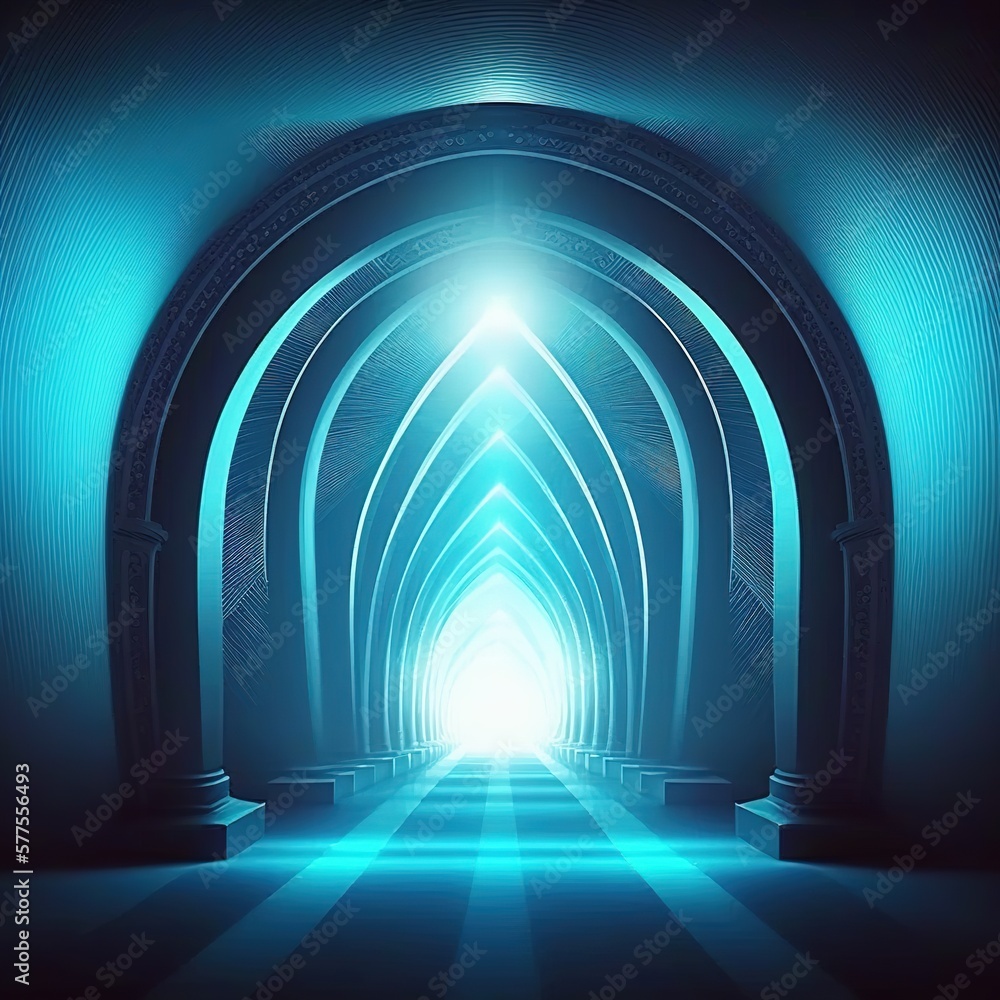 Poster abstract tunnel, corridor with rays of light and new highlights. abstract blue background, neon. sce