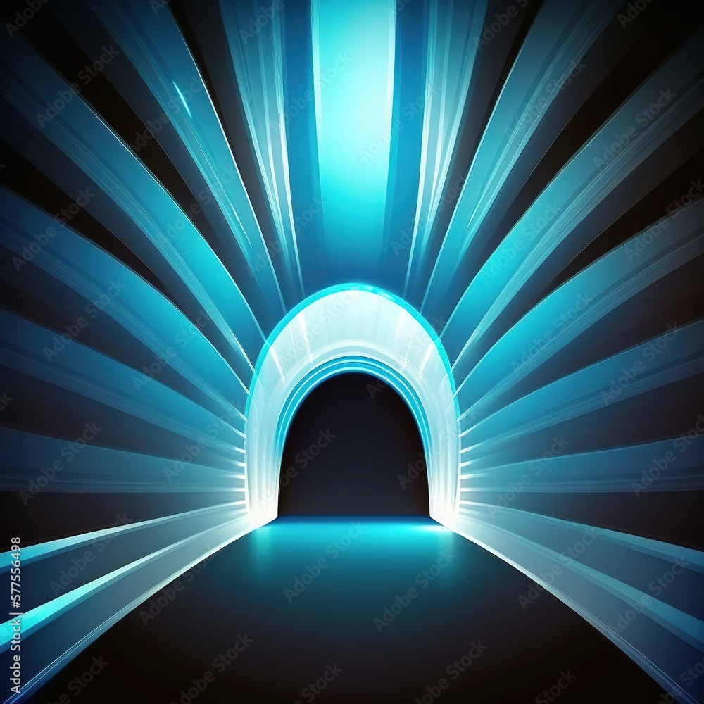 Poster abstract tunnel, corridor with rays of light and new highlights. abstract blue background, neon. sce