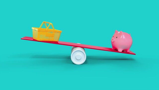 Shopping Basket and Piggy Bank Balancing on a Seesaw. 3d Rendering, 4K