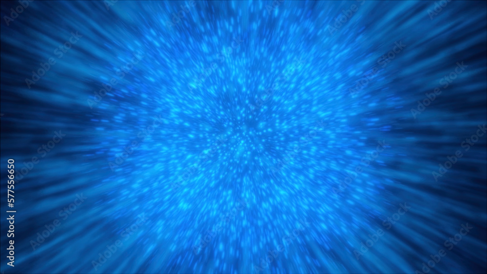Poster blue neon core spreading and consuming space energy with moving particles. motion. abstract explodin