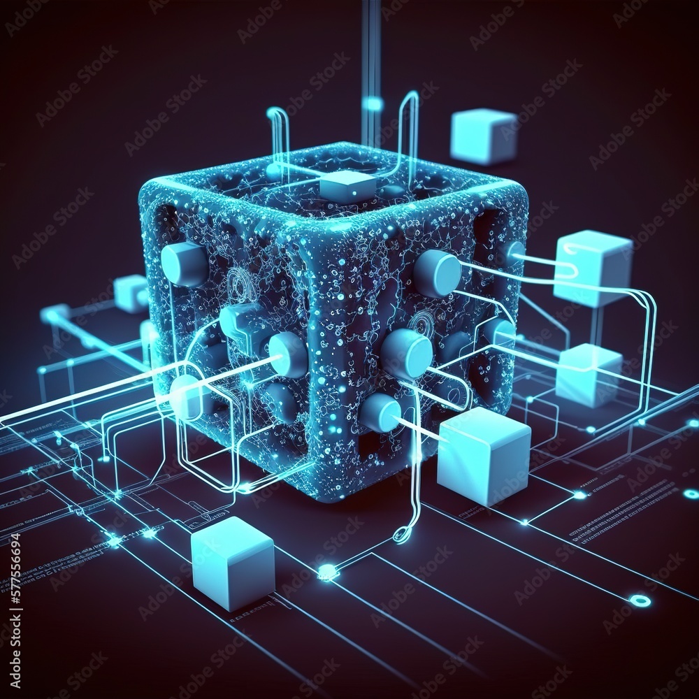 Poster blockchain technology concept with diagram of chain and encrypted blocks, generative ai