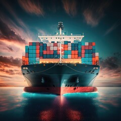 Container ship unloading in deep sea port, Global business logistic import export freight shipping transportation oversea worldwide, generative ai