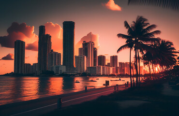 Miami, Florida, USA, at sunset. Miami beach, Skyscrapers buildings in miami city. Ai Generated Illustration..