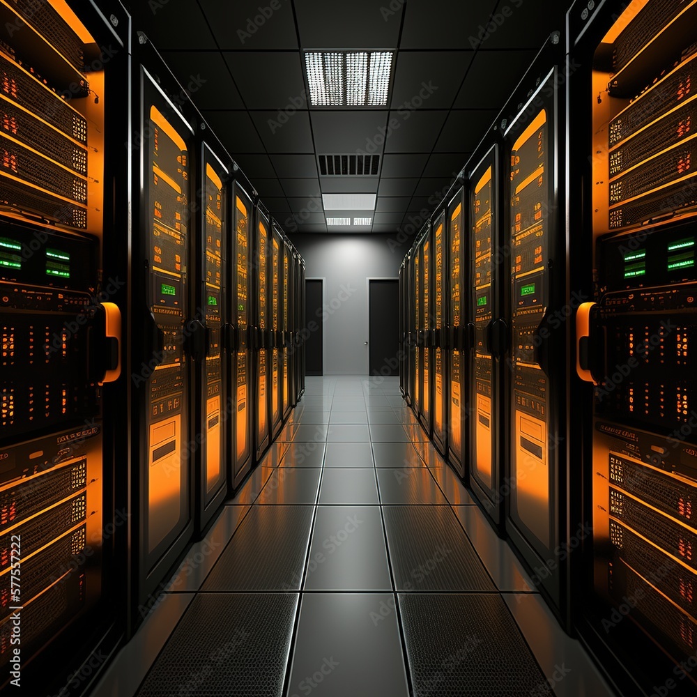 Poster corridor in working data center full of rack servers and supercomputers with internet connection , g