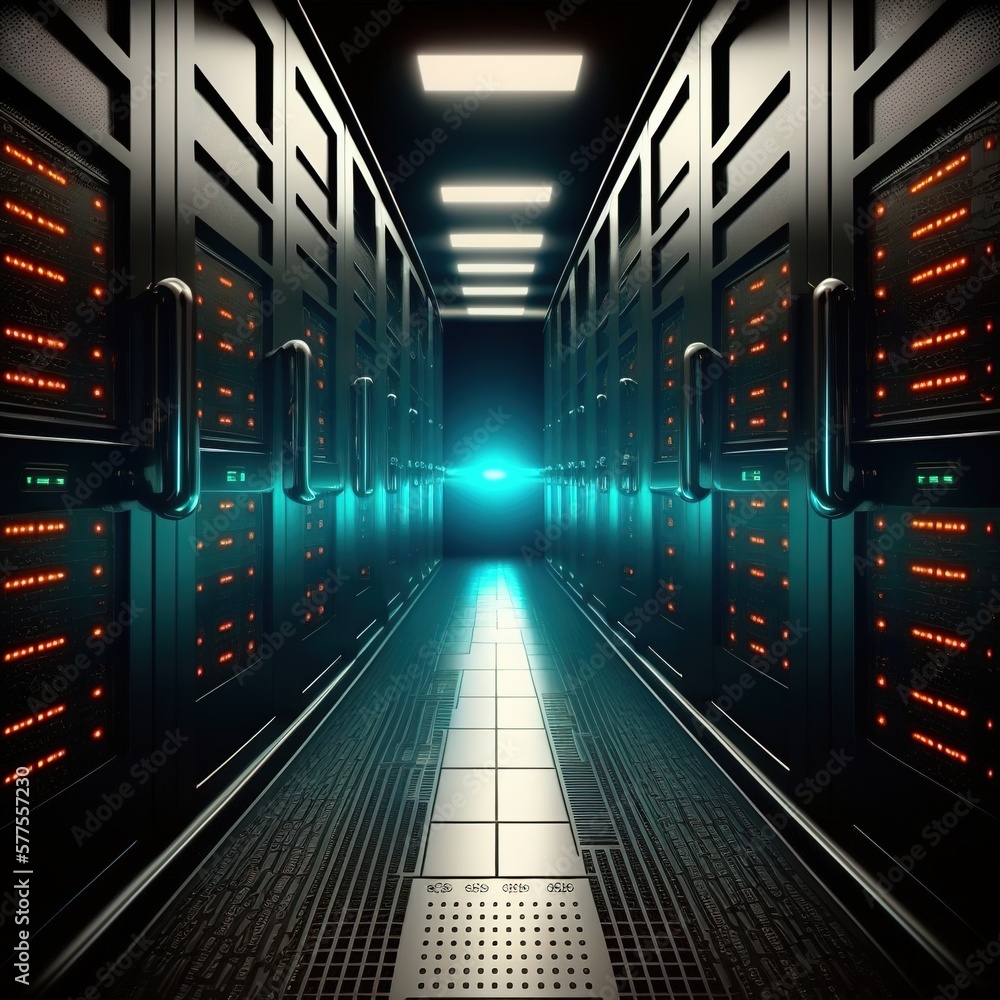 Poster corridor in working data center full of rack servers and supercomputers with internet connection , g