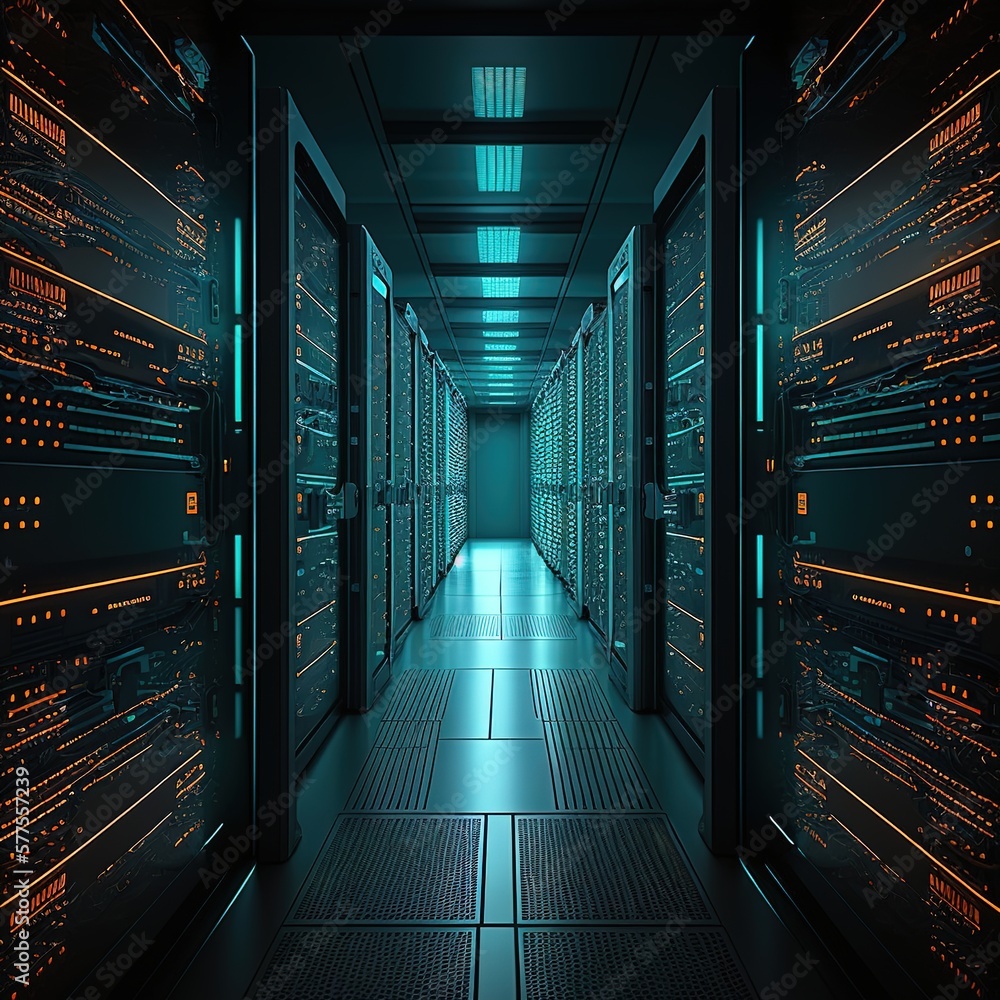 Poster corridor in working data center full of rack servers and supercomputers with cloud storage, generati