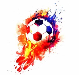 Soccer ball in hot fire hand drawn watercolor illustration championship