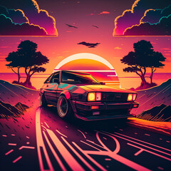 Obraz na płótnie Canvas 80's car driving into sunset