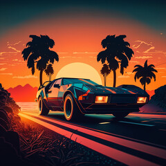 80's car driving into sunset