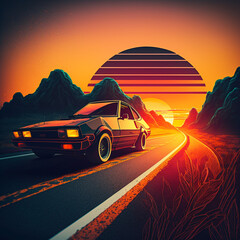 Fototapeta na wymiar 80's car driving into sunset
