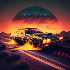 Obraz na płótnie Canvas 80's car driving into sunset