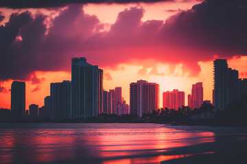 Fototapeta na wymiar Miami, Florida, USA, at sunset. Miami beach, Skyscrapers buildings in miami city. Ai Generated Illustration..