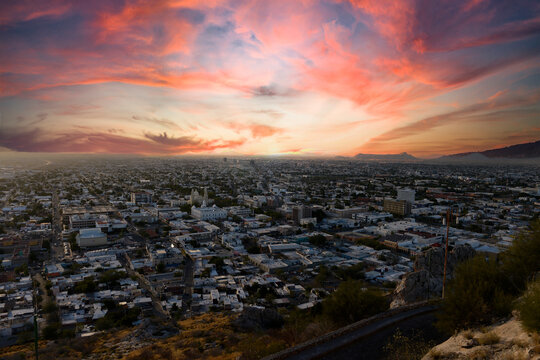 View of Hermosillo City from the top of Cerro de la Campana at sunset.