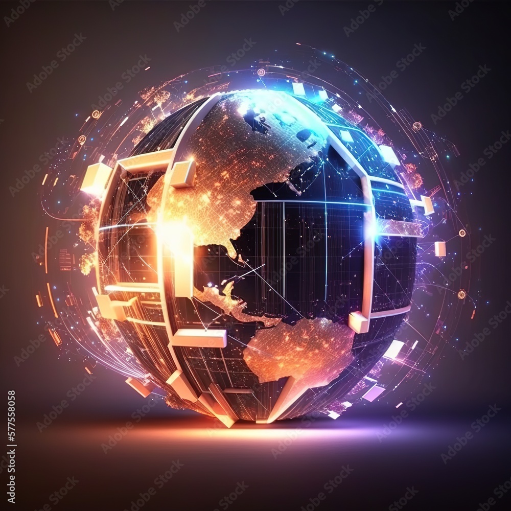 Aufkleber connection lines around earth globe, futuristic technology theme background with circles and lines. 