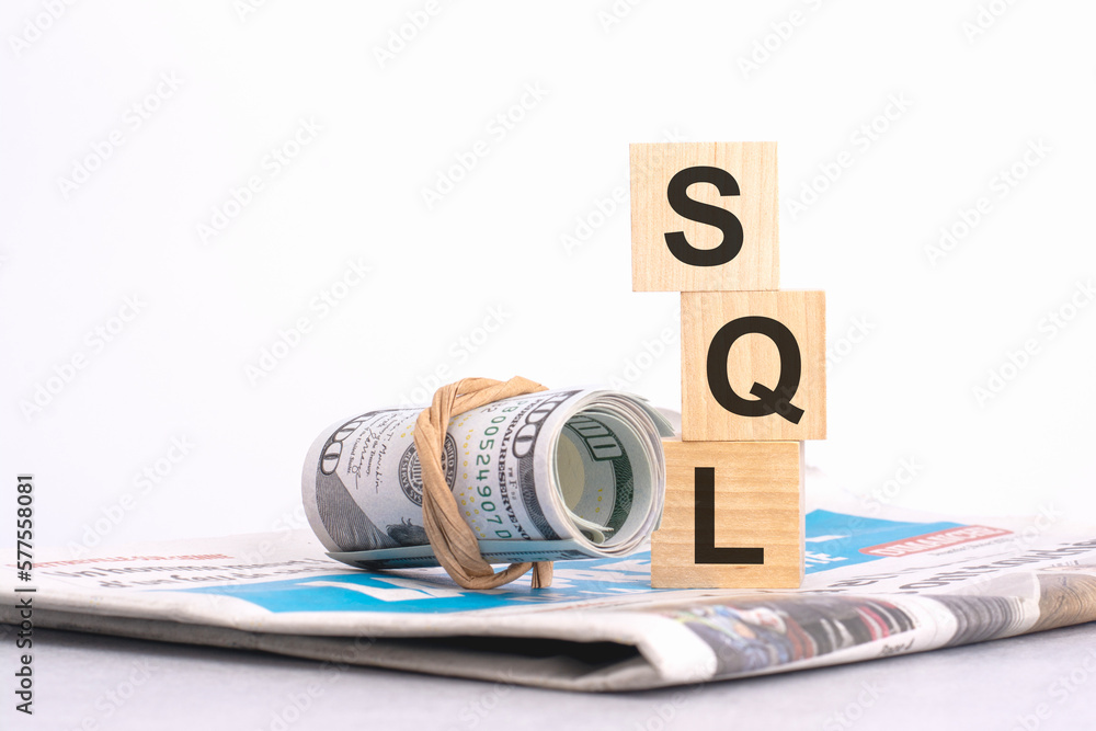 Poster text sql on wooden cubes over blur background with copy space, financial concept background