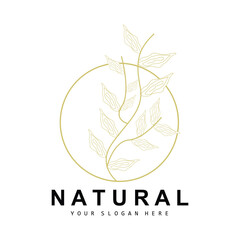 Simple Botanical Leaf and Flower Logo, Vector Natural Line Style, Decoration Design, Banner, Flyer, Wedding Invitation, and Product Branding