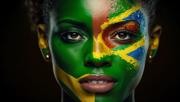 Brazil. A beautiful young woman with paint in the colors of national flag of Brazil. How AI sees the countries of the world if we imagine that they are people. digital ai art.