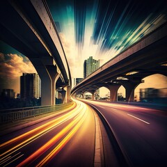 Highway overpass motion blur with modern city, generative ai