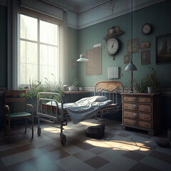 Illustration of an old hospital room with a large window - generative AI