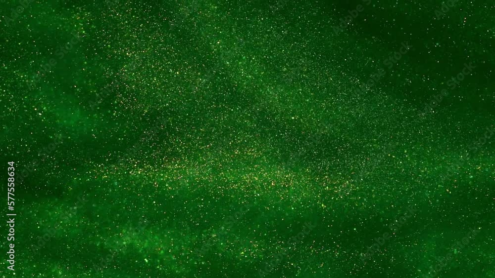 Wall mural abstract gold glittering particles flow with shallow depth of field in green fluid. wave movement of