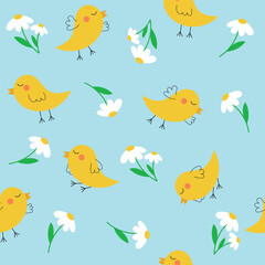 Seamless pattern cute funny yellow easter chickens. Hand drawn illustrations for greeting cards, invitations, wrapping paper, holiday design. Pattern with chickens and flowers