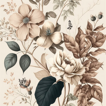 Background full of brown flowers. Generative AI.