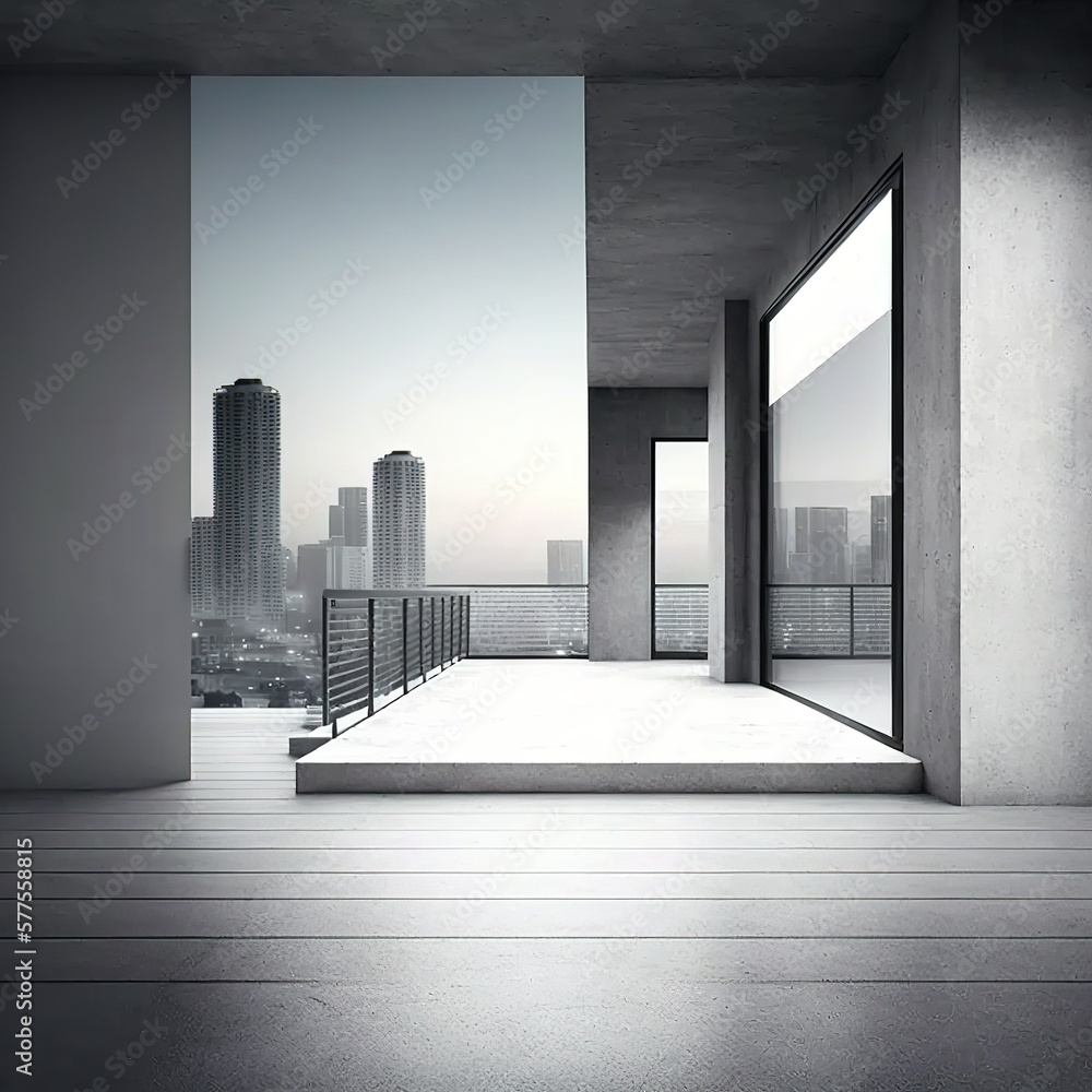 Poster modern architecture building design with empty concrete floor and urban city skyline in background s