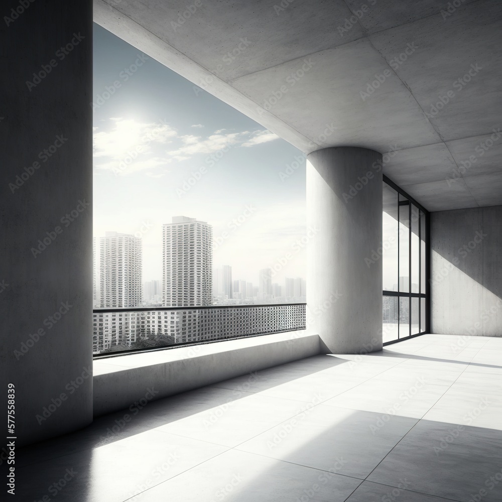 Sticker Modern building design with bare concrete floor and background of a city skyline displaying copy space on the transparent balcony, generative ai