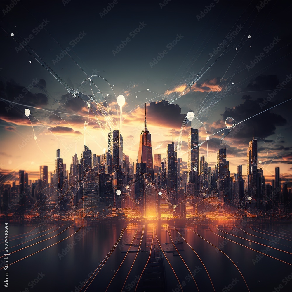 Poster smart city and abstract dot point connect with gradient line and aesthetic intricate wave line desig