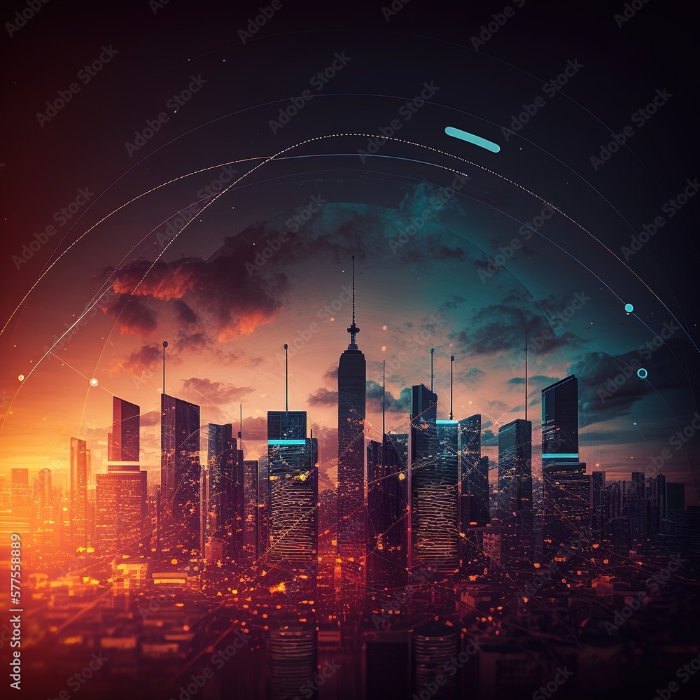 Poster smart city and abstract dot point connect with gradient line and aesthetic intricate wave line desig