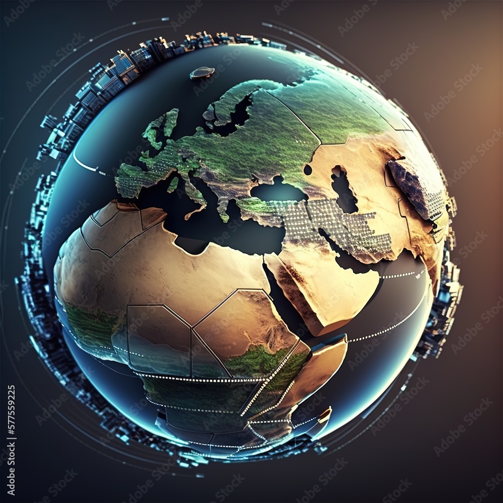 Poster planet earth with continents, consisting of elements. the technological background can be used to de