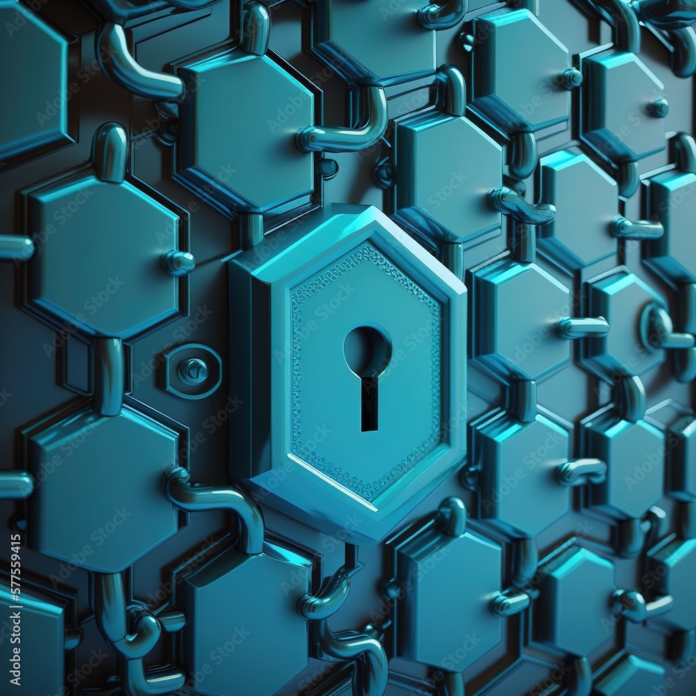 Poster security concept. futuristic surface with locks is located on hexagon. trendy sci-fi technology back