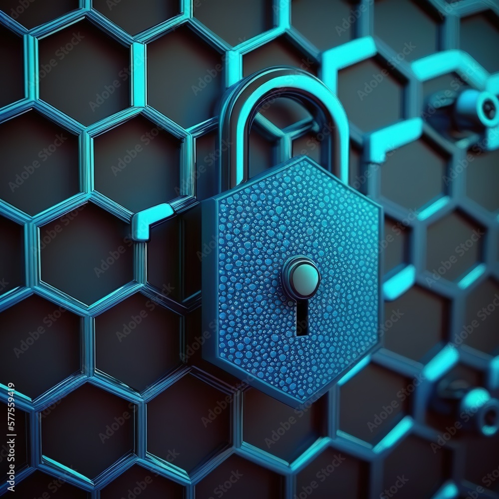 Poster Security concept. Futuristic surface with locks is located on hexagon. Trendy sci-fi technology background with hexagonal pattern. Minimal hexagonal grid pattern animation in light blue, generative ai