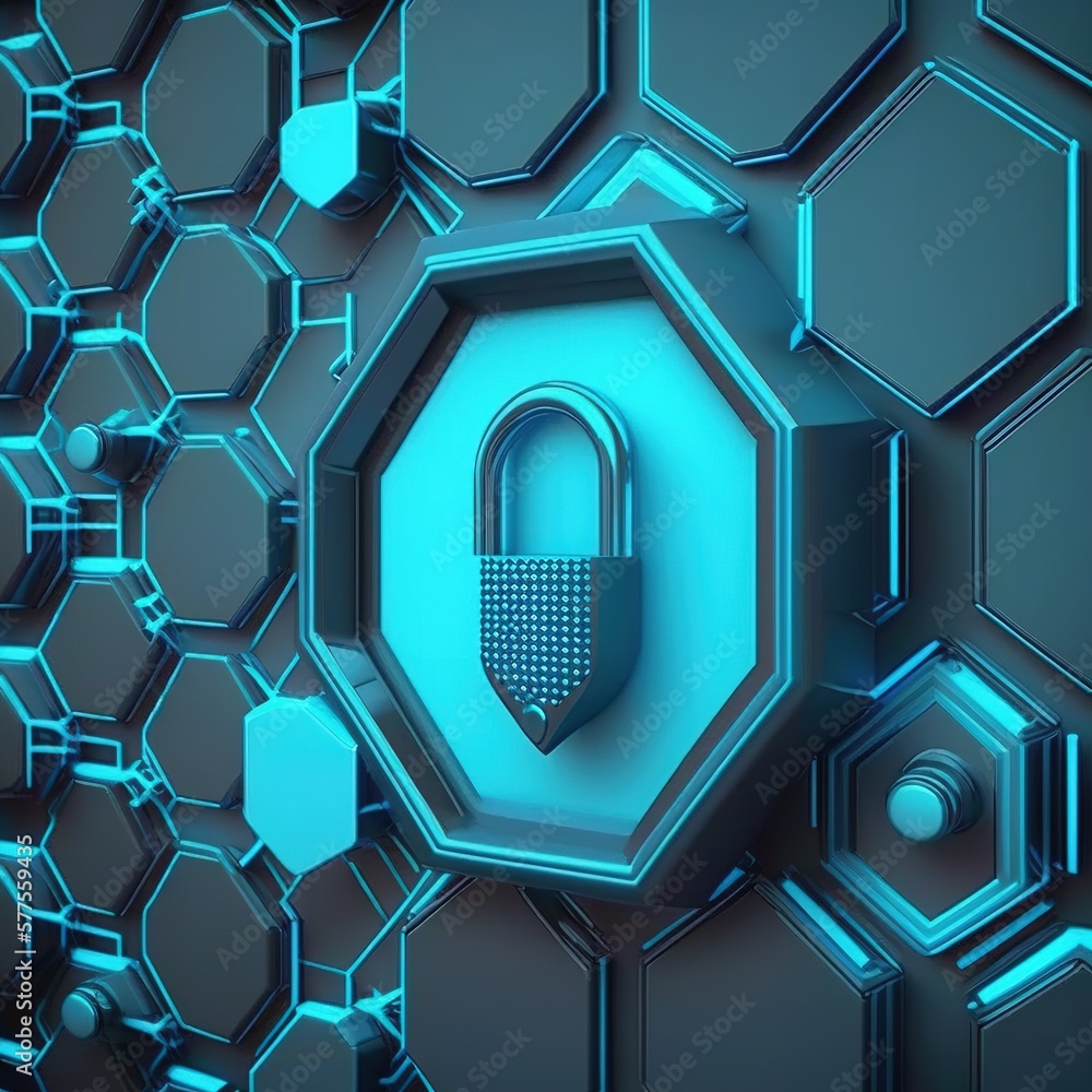 Poster the concept of security. on hexagon is a futuristic surface with locks. hexagonal pattern on a trend