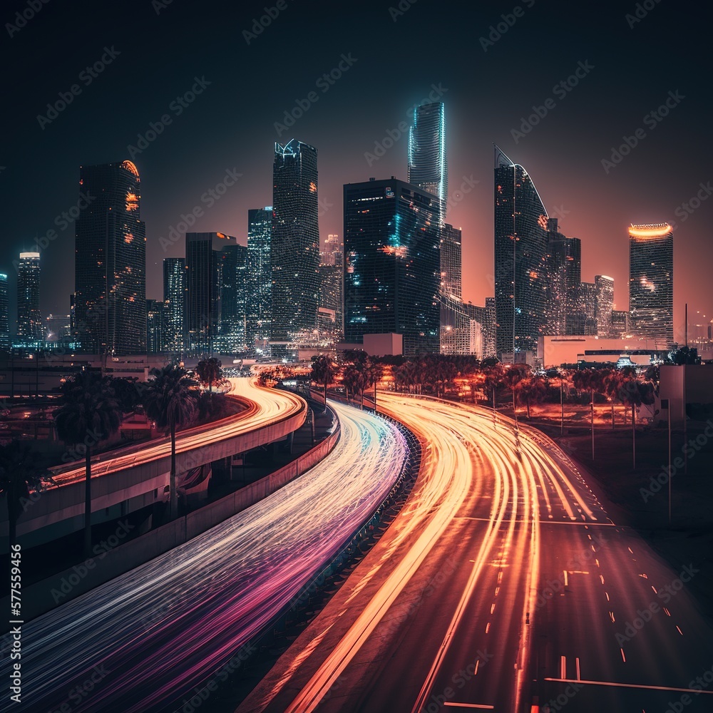 Poster warp speed in a hyper loop with blur light from building lights in a megacity. next-generation techn