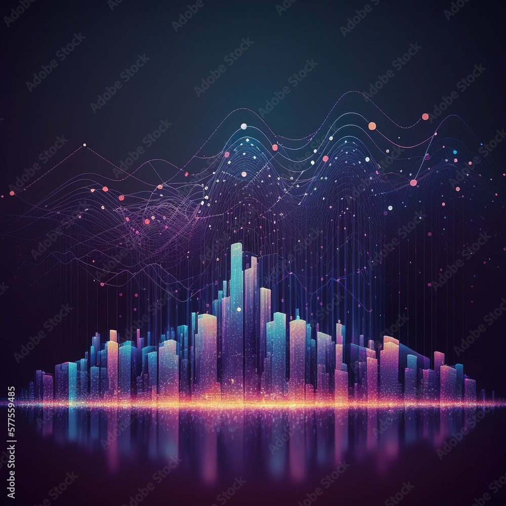 Poster smart city and abstract dot point connect with gradient line and aesthetic intricate wave line desig
