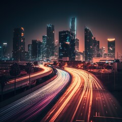 Fototapeta premium warp speed in a hyper loop with blur light from building lights in a megacity. Next-generation technology concept, generative ai