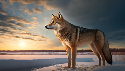 Lobo, inverno, por do sol