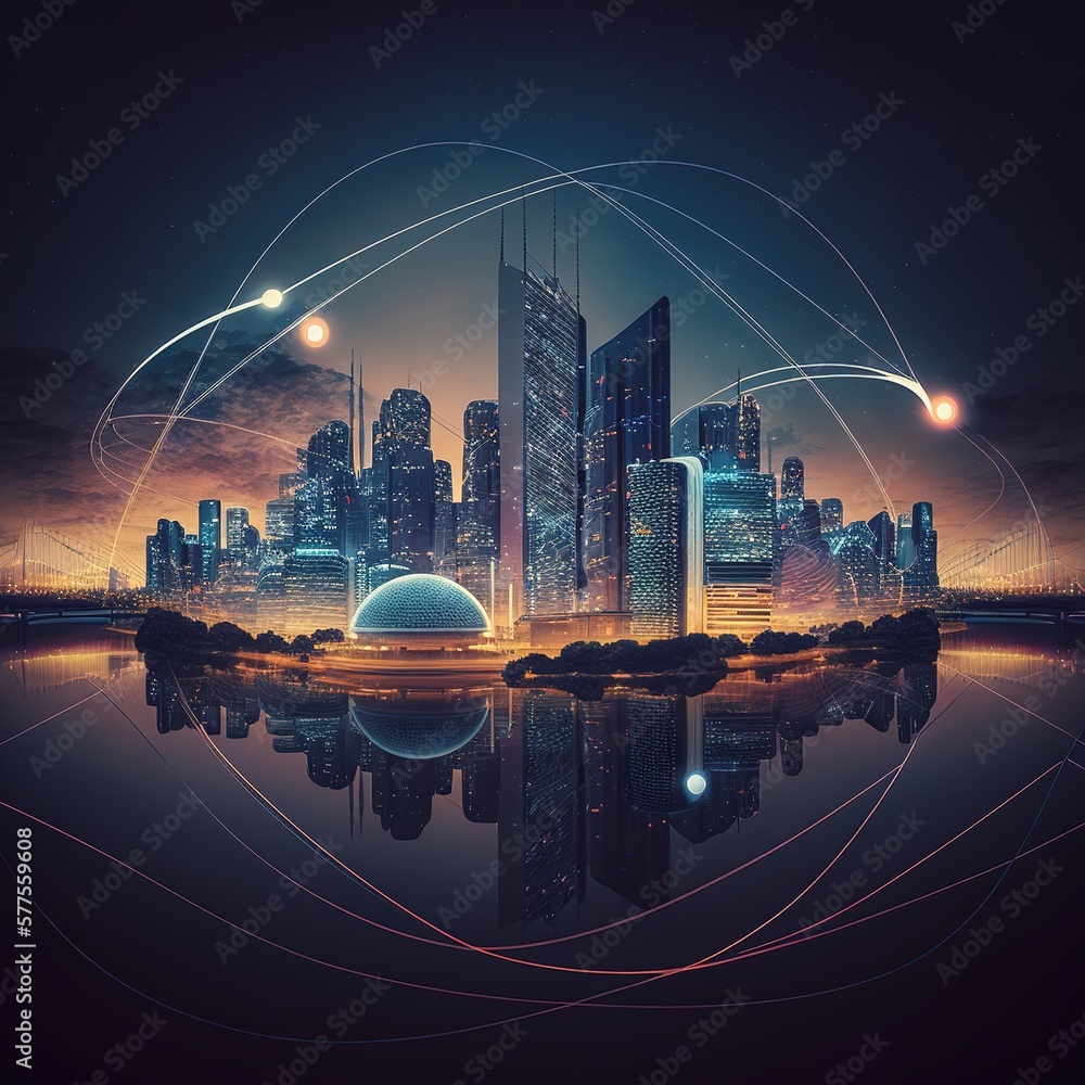 Poster smart city and abstract dot point connect with gradient line and aesthetic intricate wave line desig