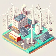 solar cell plant and wind generators in urban area connected to smart grid.Energy supply,eolic turbine,distribution of energy,Powerplant,energy transmission, generative ai