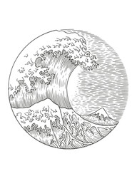 The great wave kanagawa in engraving drawing style. vector illustration