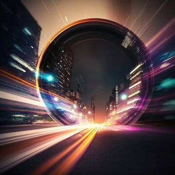 warp speed in hyperloop with blur light from buildings' lights in mega city at night. Concept of next generation technology, generative ai