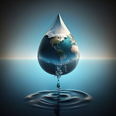 Obraz premium Day of the water. Realistic water droplet falling on a background of the sea in blue , generative ai