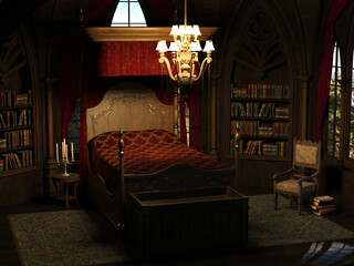 Dark gothic bedroom with bookshelves, and arched windows.