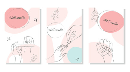 Manicure banner set. Collection of minimalistic graphic elements for website. Woman with nail file, varnish and bottles, beauty. Cartoon flat vector illustrations isolated on white background